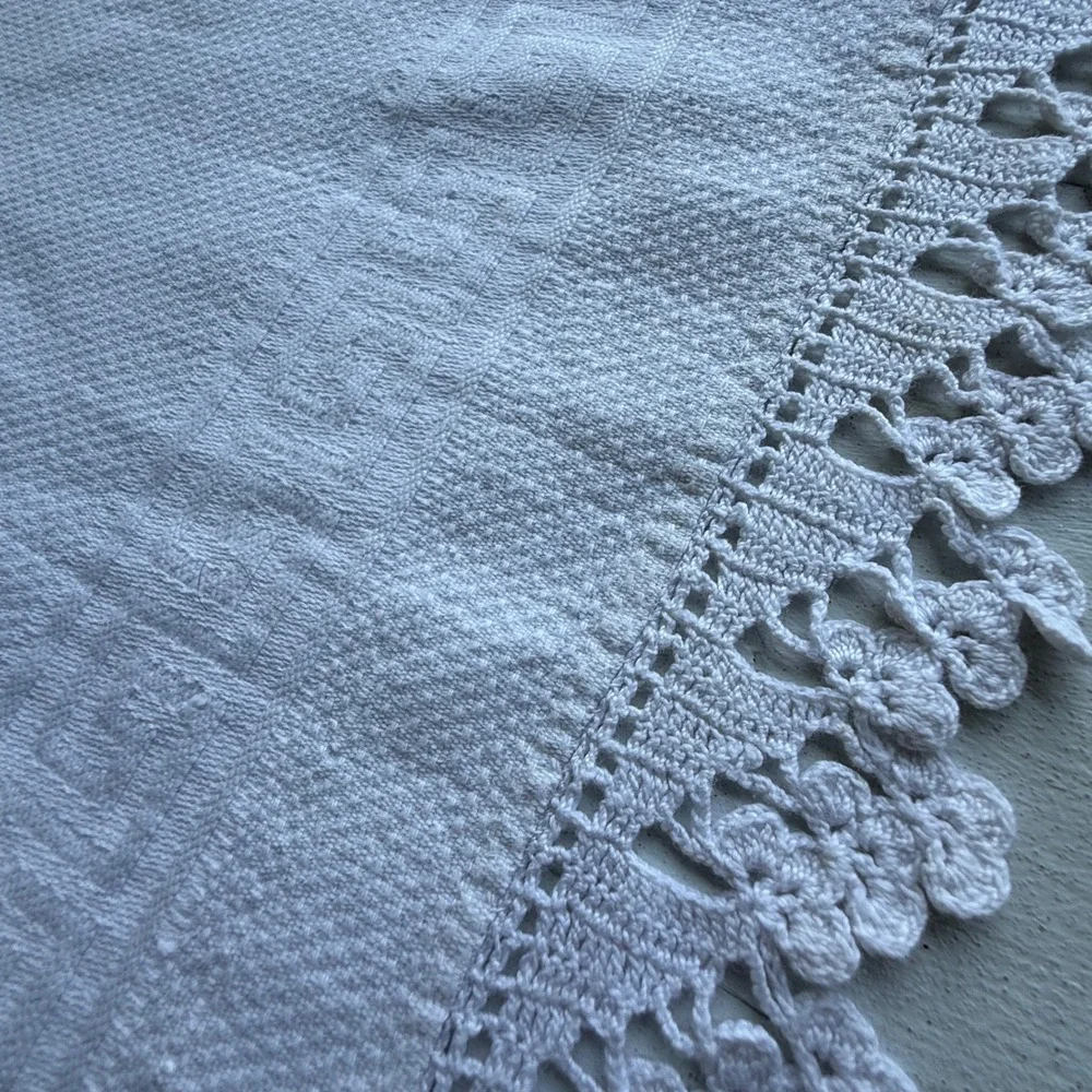 Vintage White Linen Hand Towels Set of 3 Embroidered Lace Fringe Cotton Damask